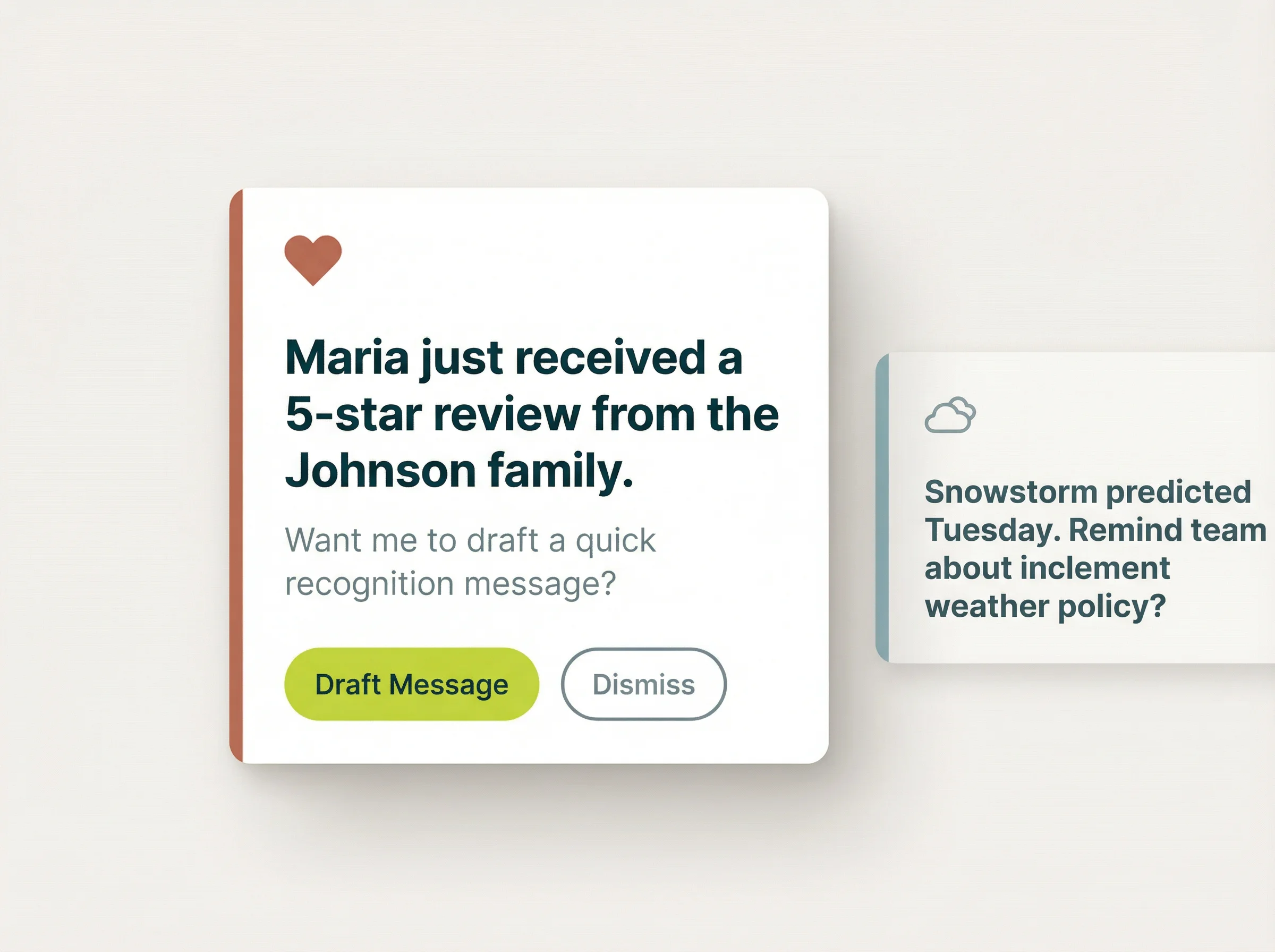 Helpful nudge notification showing a caregiver received a 5-star review with option to draft a recognition message, and a weather alert nudge behind it